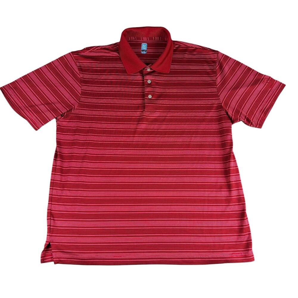 PGA Tour Polo Shirt Men's Extra Large Red Striped Short Sleeve Preppy Top Golf